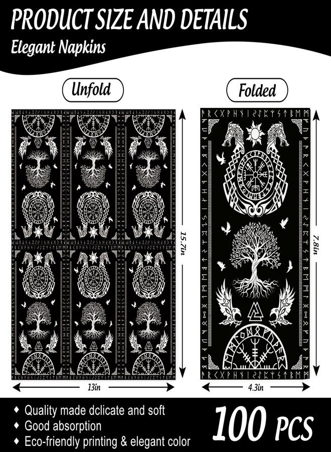 JarThenaAMCS مناديل جارثينا إيه إم سي إس السوداء، 100 قطعة، بتصميم شجرة الحياة الفايكنجية، وخوذة الغراب المهيبة، للاستخدام مرة واحدة، مناسبة للعشاء، ومناشف اليد، والمناديل الورقية، ولوازم المائدة لحفلات الأعياد. - Image 2